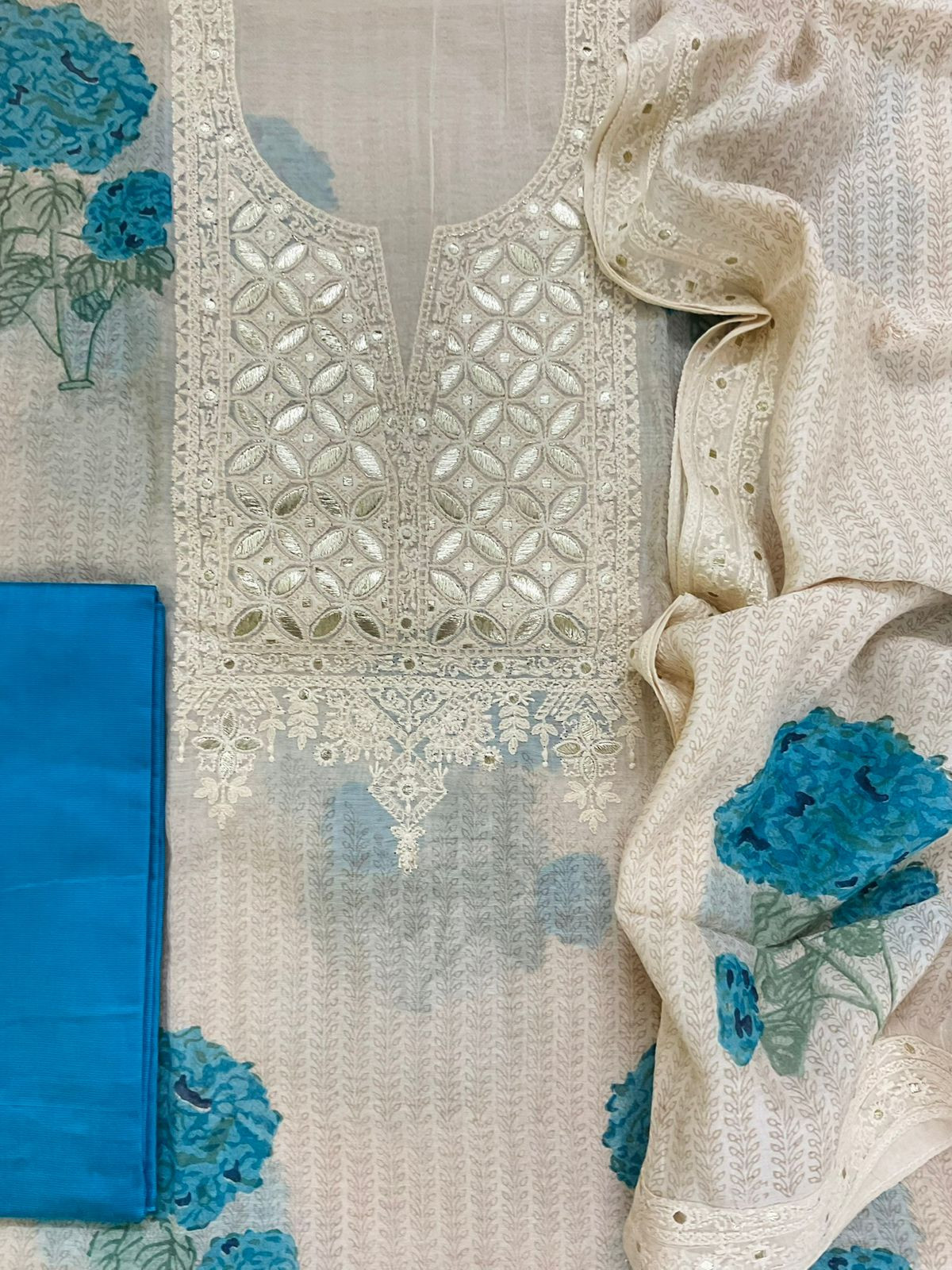 Pure Mul Chanderi Printed Embroidered Suit - Cream