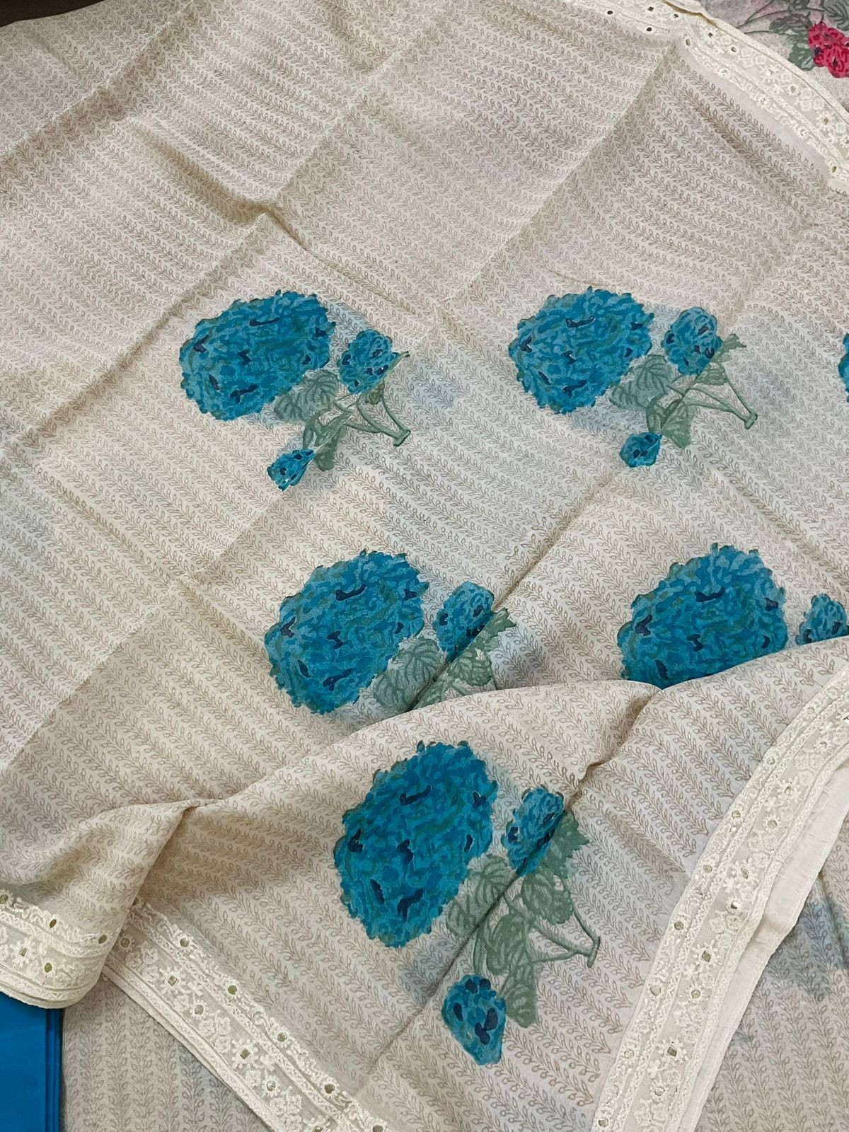 Pure Mul Chanderi Printed Embroidered Suit - Cream