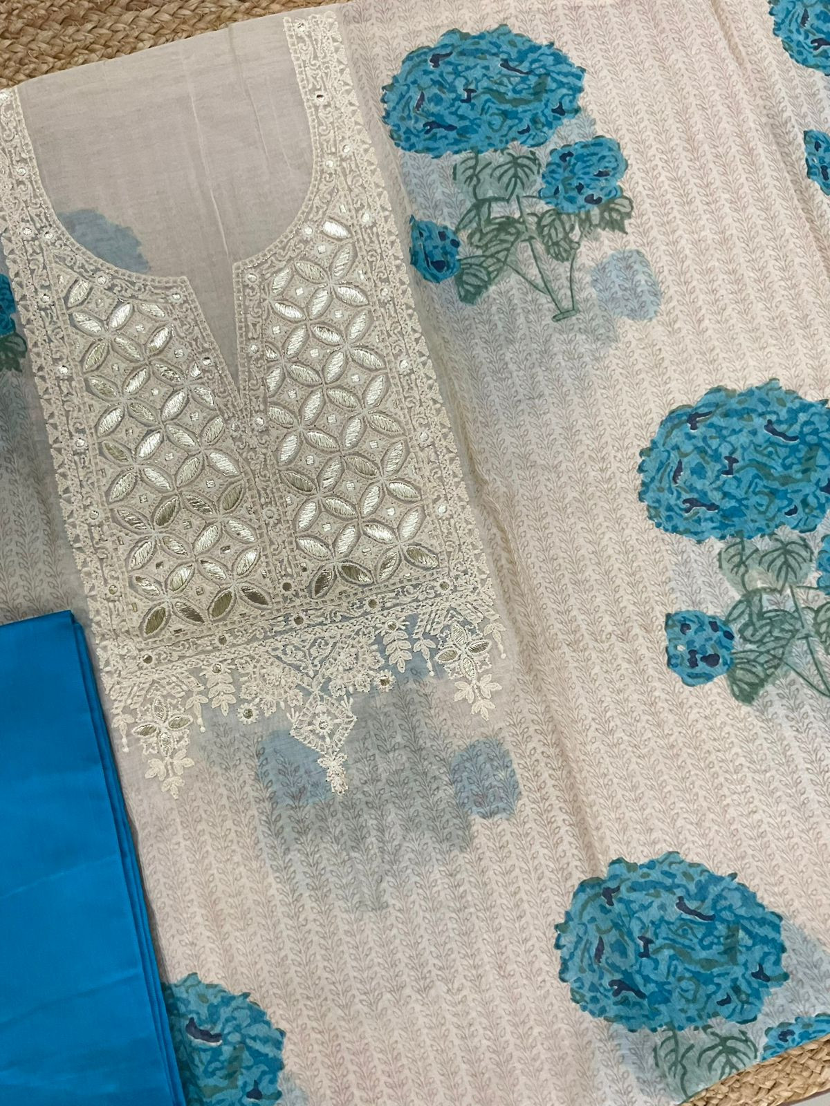 Pure Mul Chanderi Printed Embroidered Suit - Cream