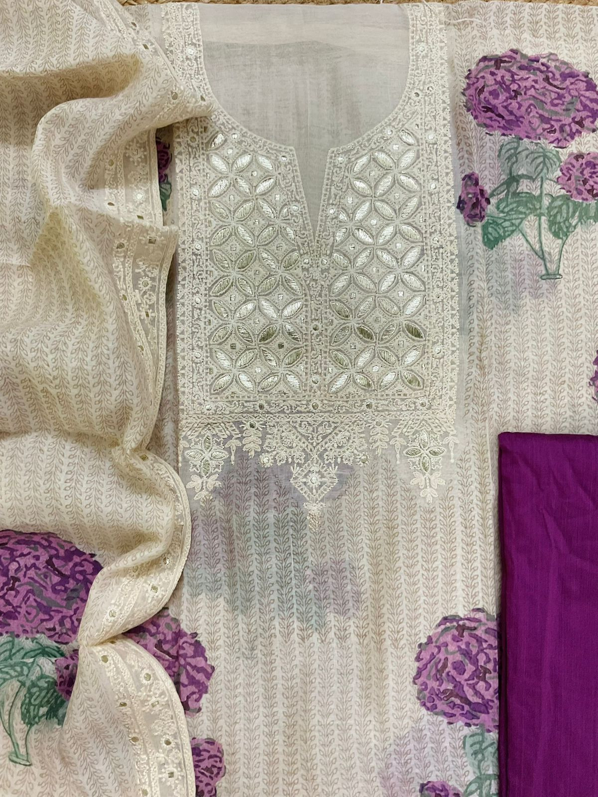 Pure Mul Chanderi Printed Embroidered Suit - Cream