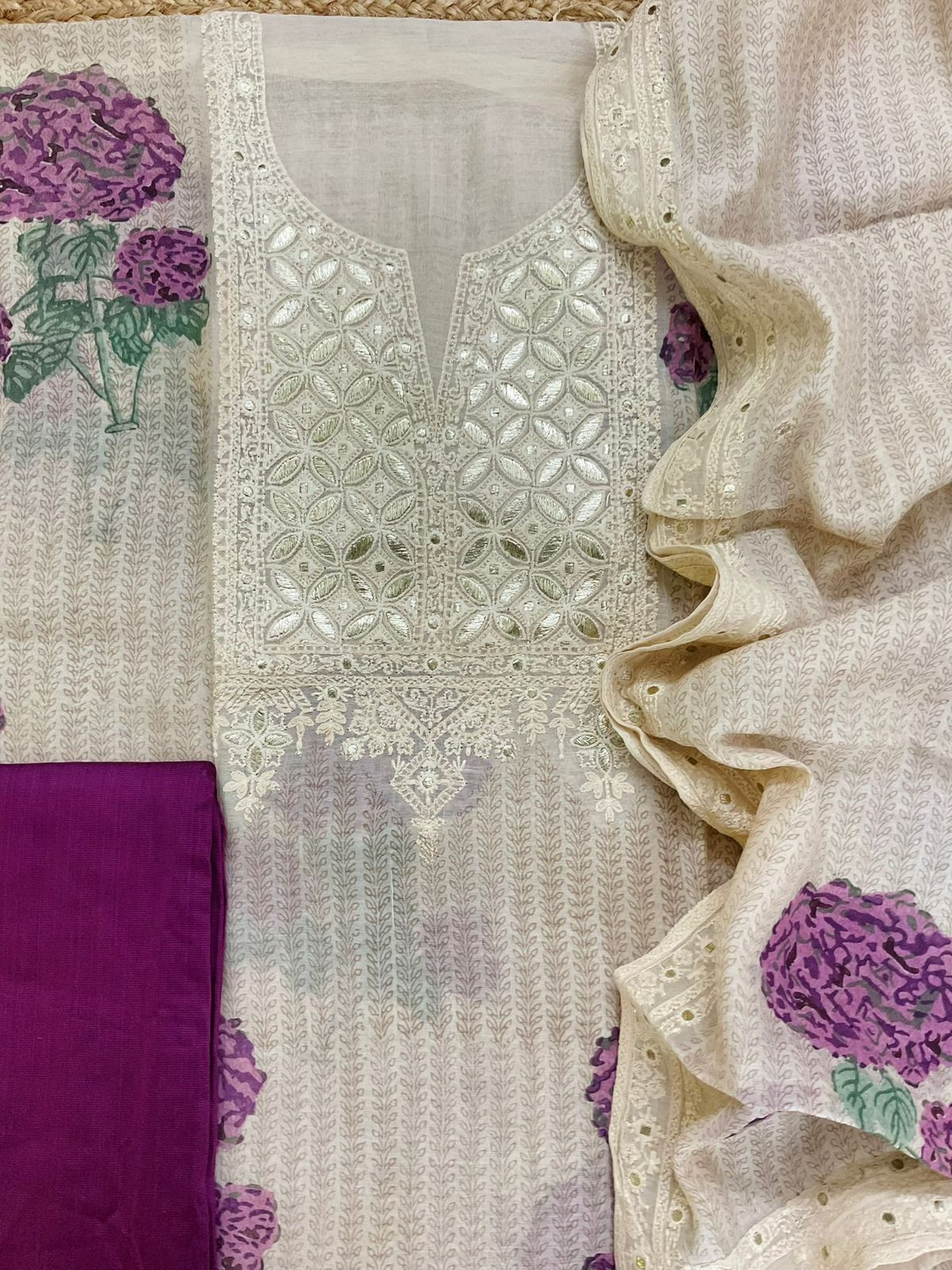 Pure Mul Chanderi Printed Embroidered Suit - Cream