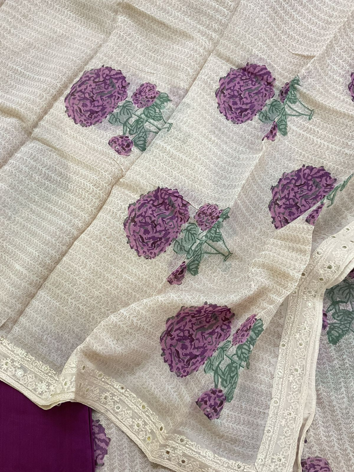 Pure Mul Chanderi Printed Embroidered Suit - Cream