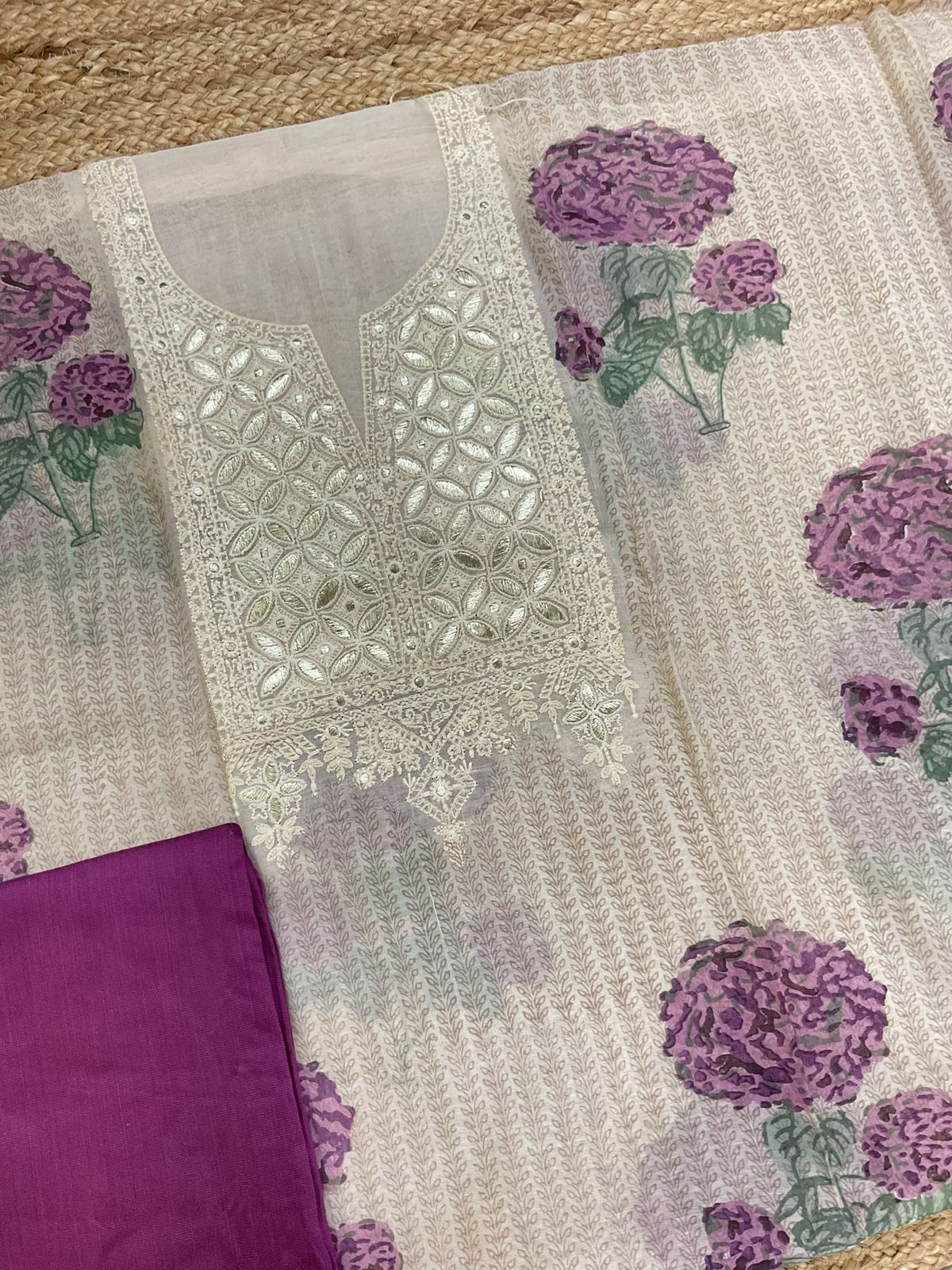 Pure Mul Chanderi Printed Embroidered Suit - Cream