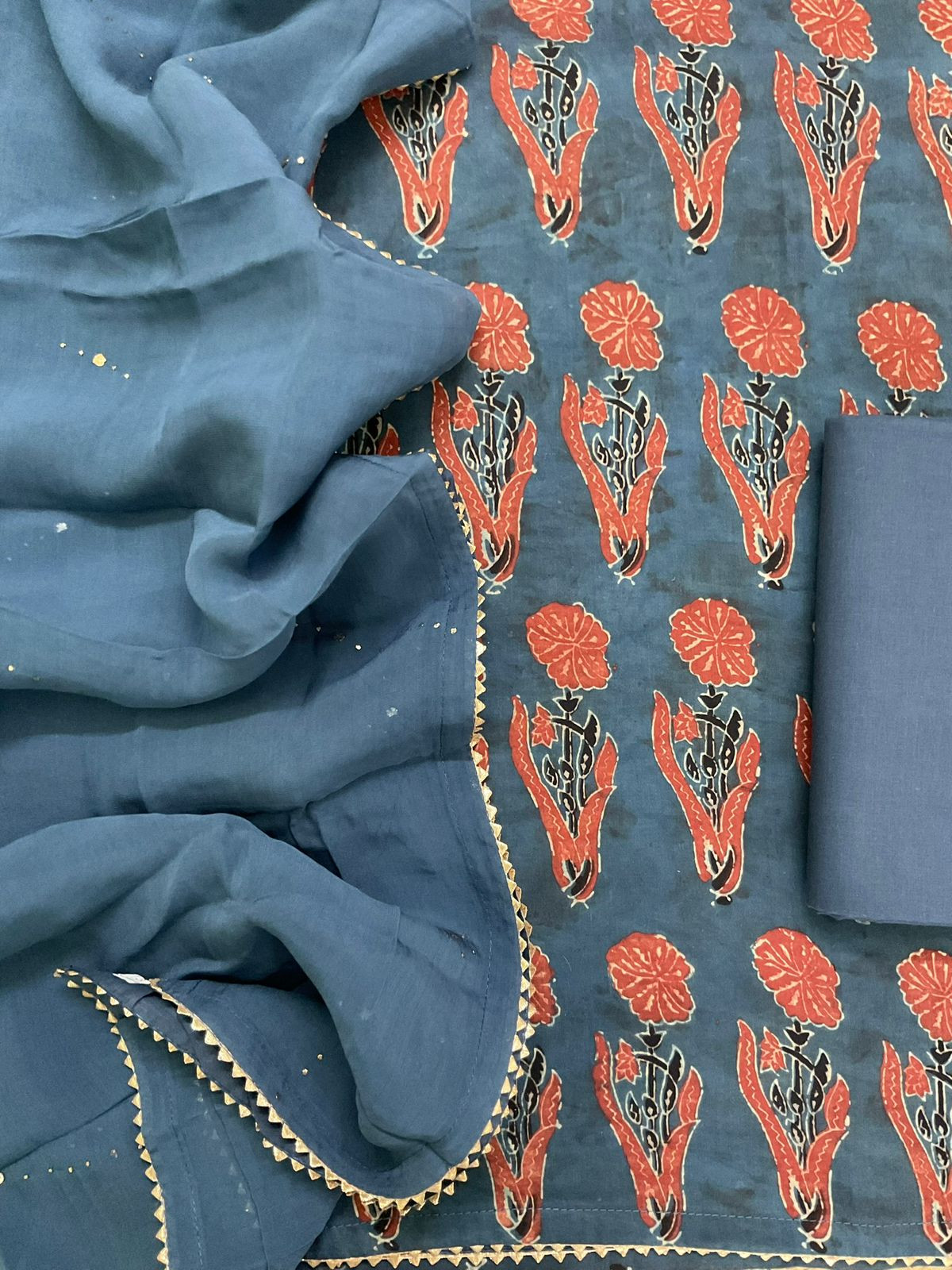 Pure Cotton Silk Ajrakh Printed Embroidered Suit - Indigo