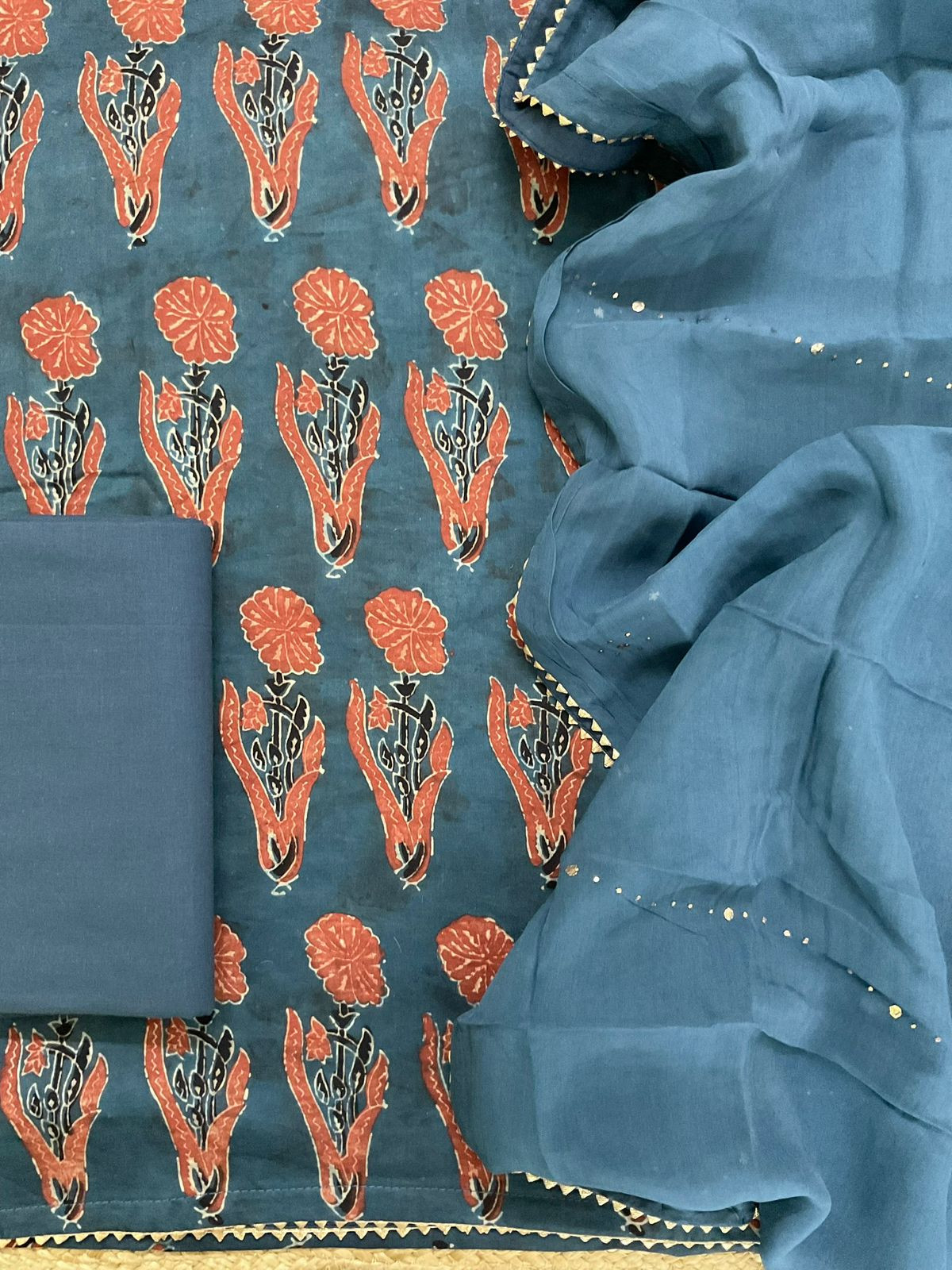 Pure Cotton Silk Ajrakh Printed Embroidered Suit - Indigo