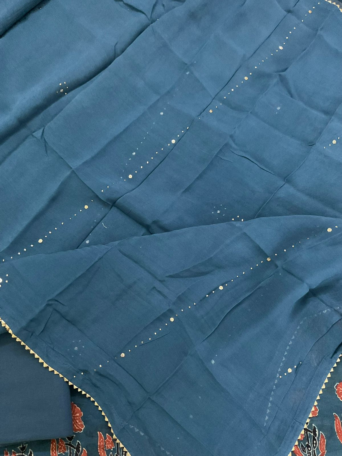 Pure Cotton Silk Ajrakh Printed Embroidered Suit - Indigo