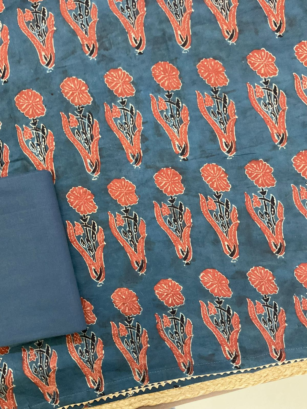 Pure Cotton Silk Ajrakh Printed Embroidered Suit - Indigo