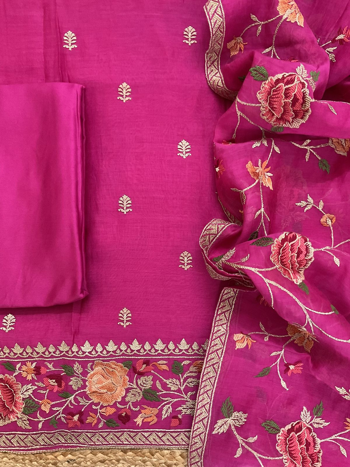 Pure Mul Chanderi Embroidered Suit - Pink