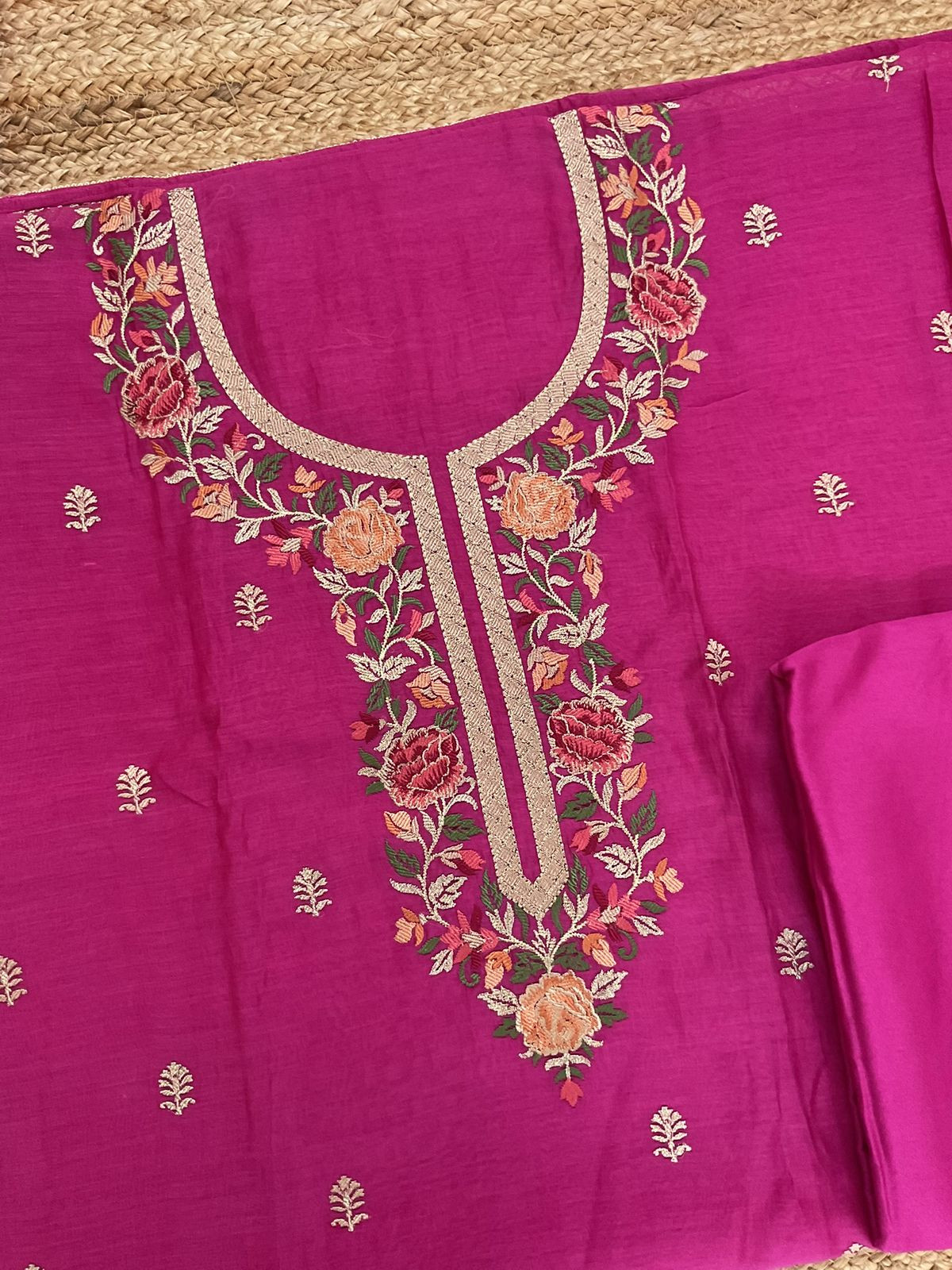 Pure Mul Chanderi Embroidered Suit - Pink