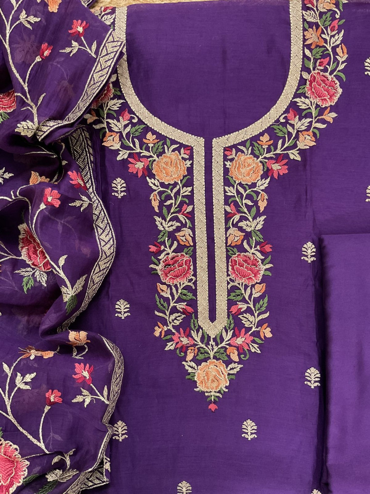 Image of Pure Mul Chanderi Embroidered Suit - Purple
