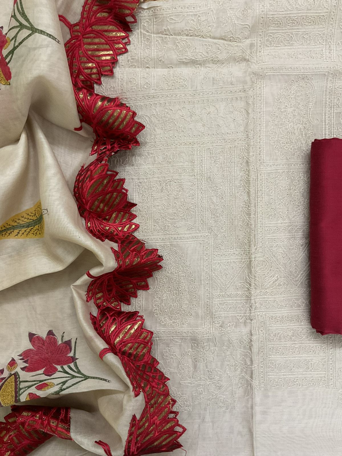 Pure Chanderi Printed Embroidered Suit - Beige