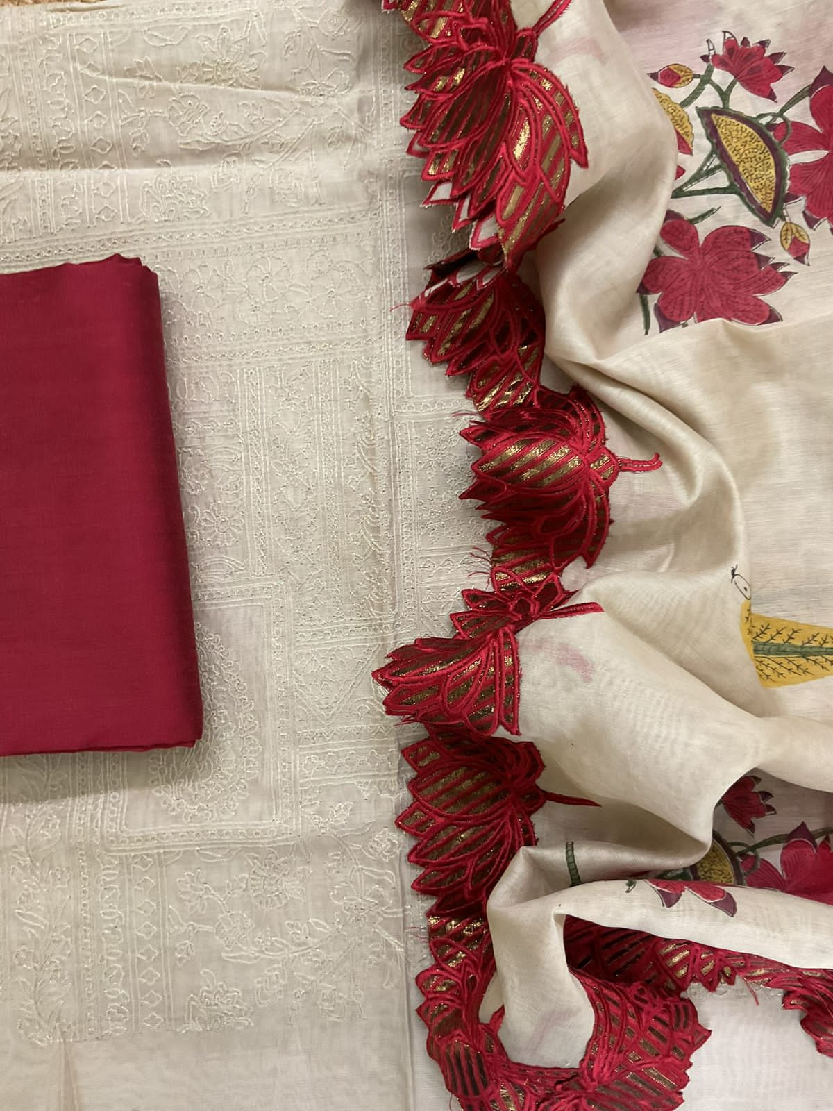 Pure Chanderi Printed Embroidered Suit - Beige