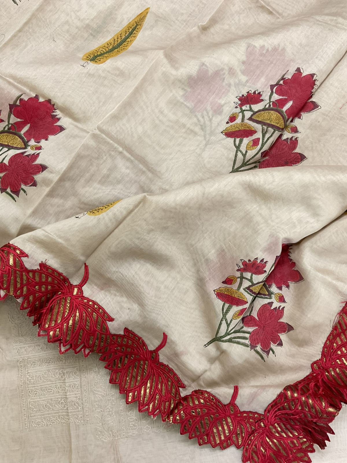 Pure Chanderi Printed Embroidered Suit - Beige