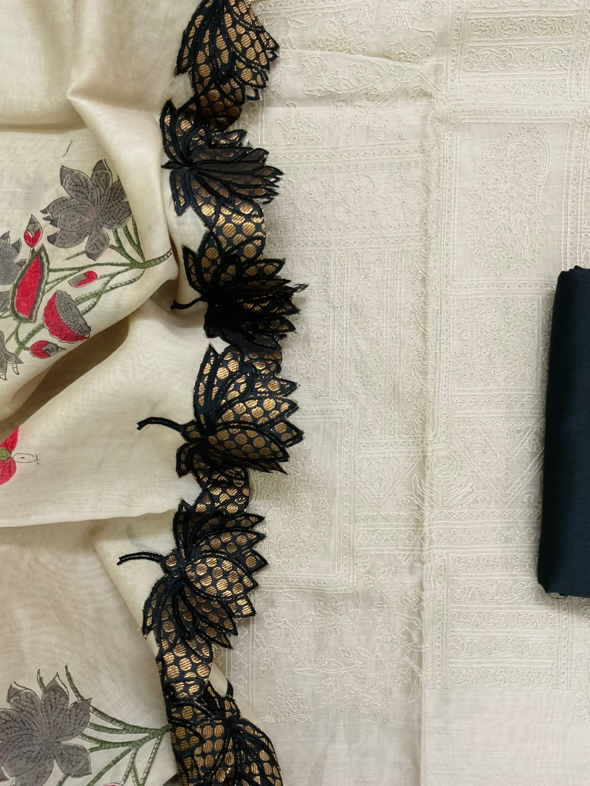 Pure Chanderi Printed Embroidered Suit - Beige