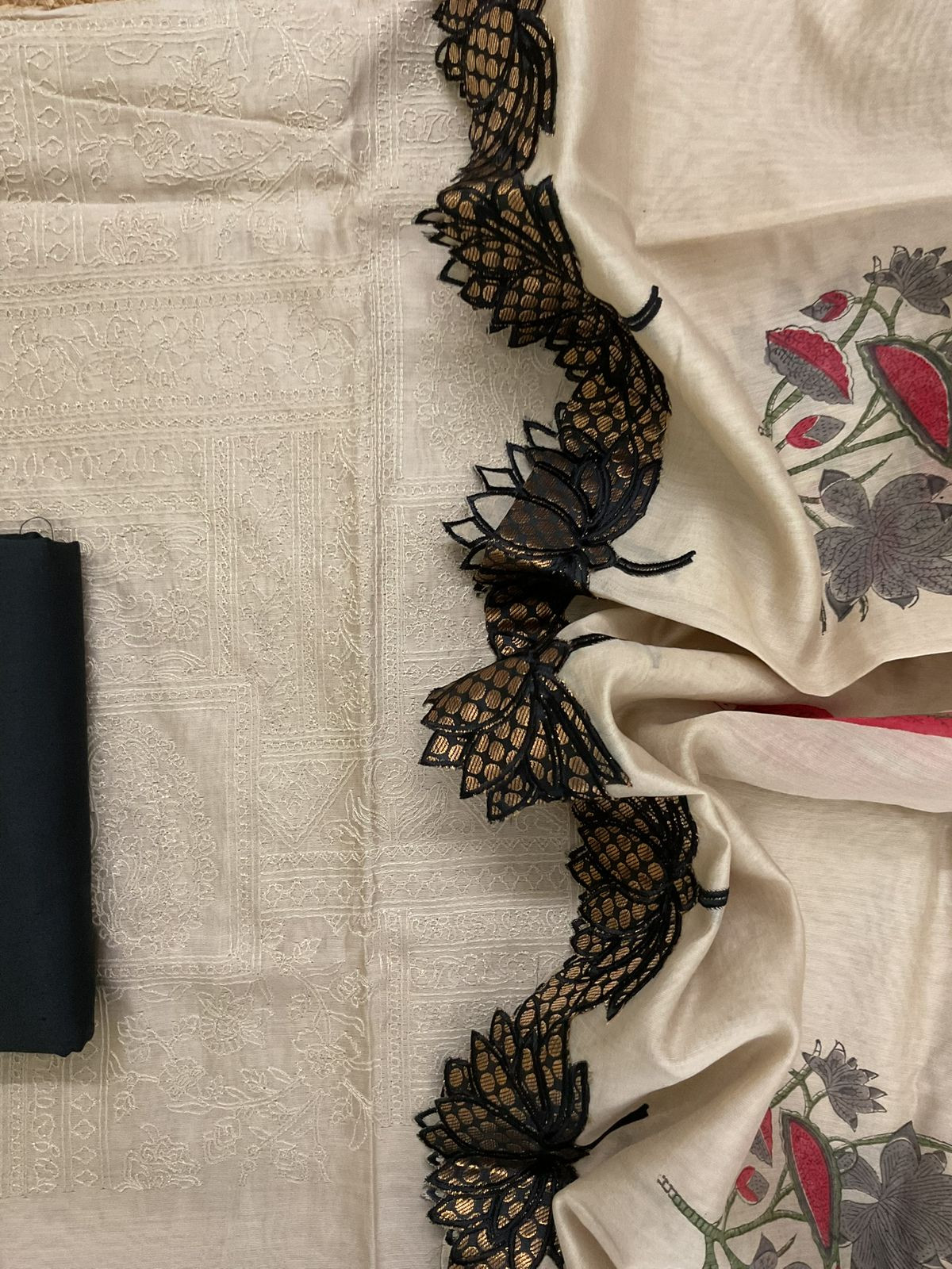 Pure Chanderi Printed Embroidered Suit - Beige