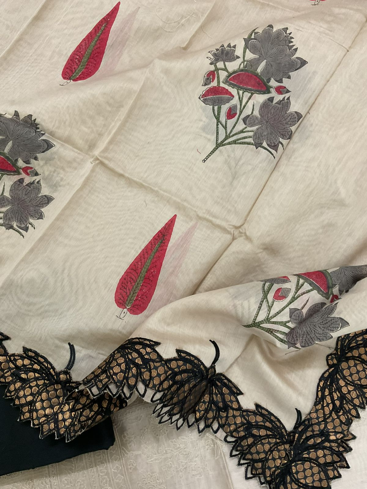 Pure Chanderi Printed Embroidered Suit - Beige