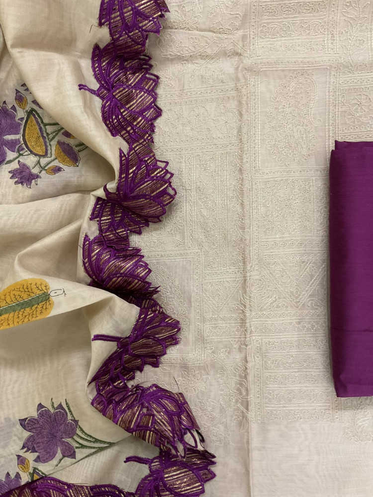 Image of Pure Chanderi Printed Embroidered Suit - Beige