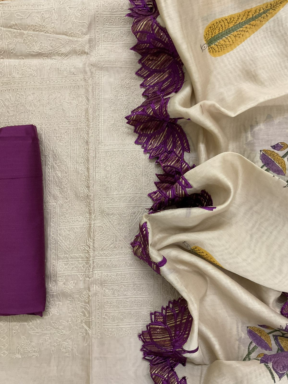 Pure Chanderi Printed Embroidered Suit - Beige