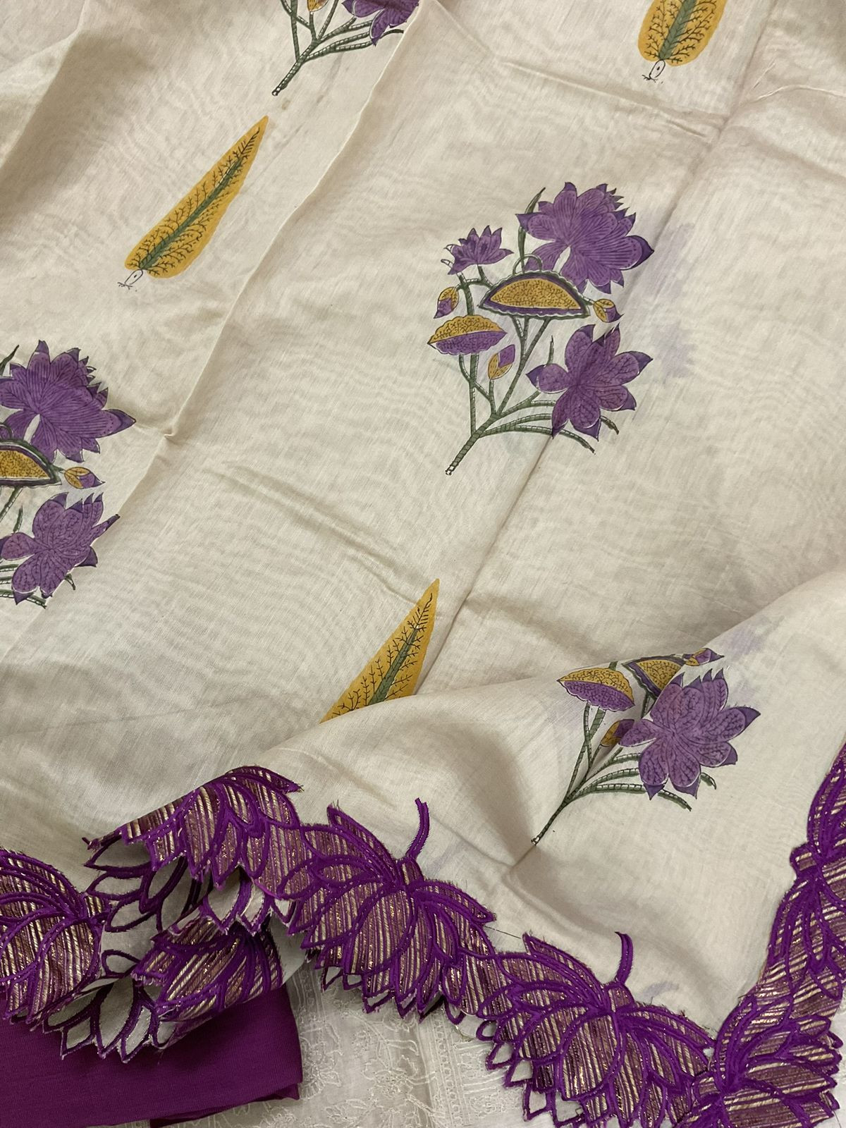 Pure Chanderi Printed Embroidered Suit - Beige