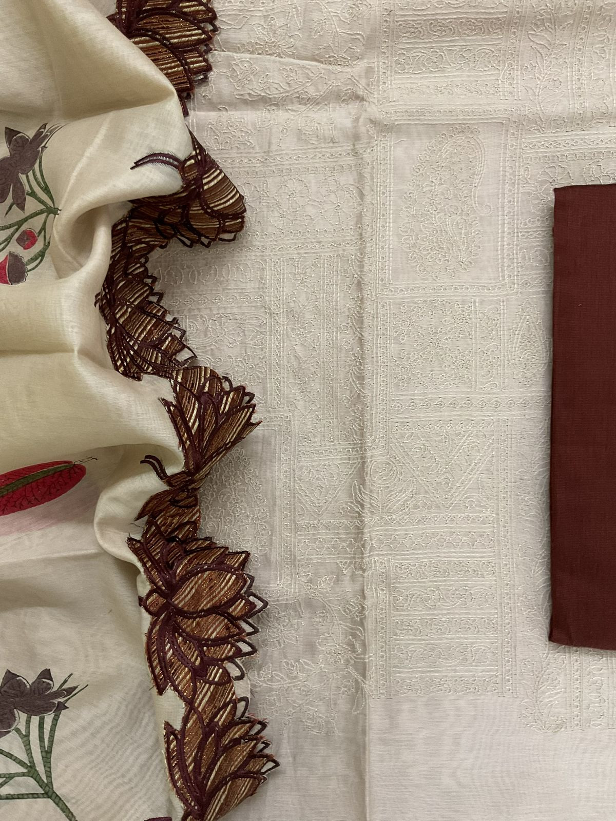 Pure Chanderi Printed Embroidered Suit - Beige