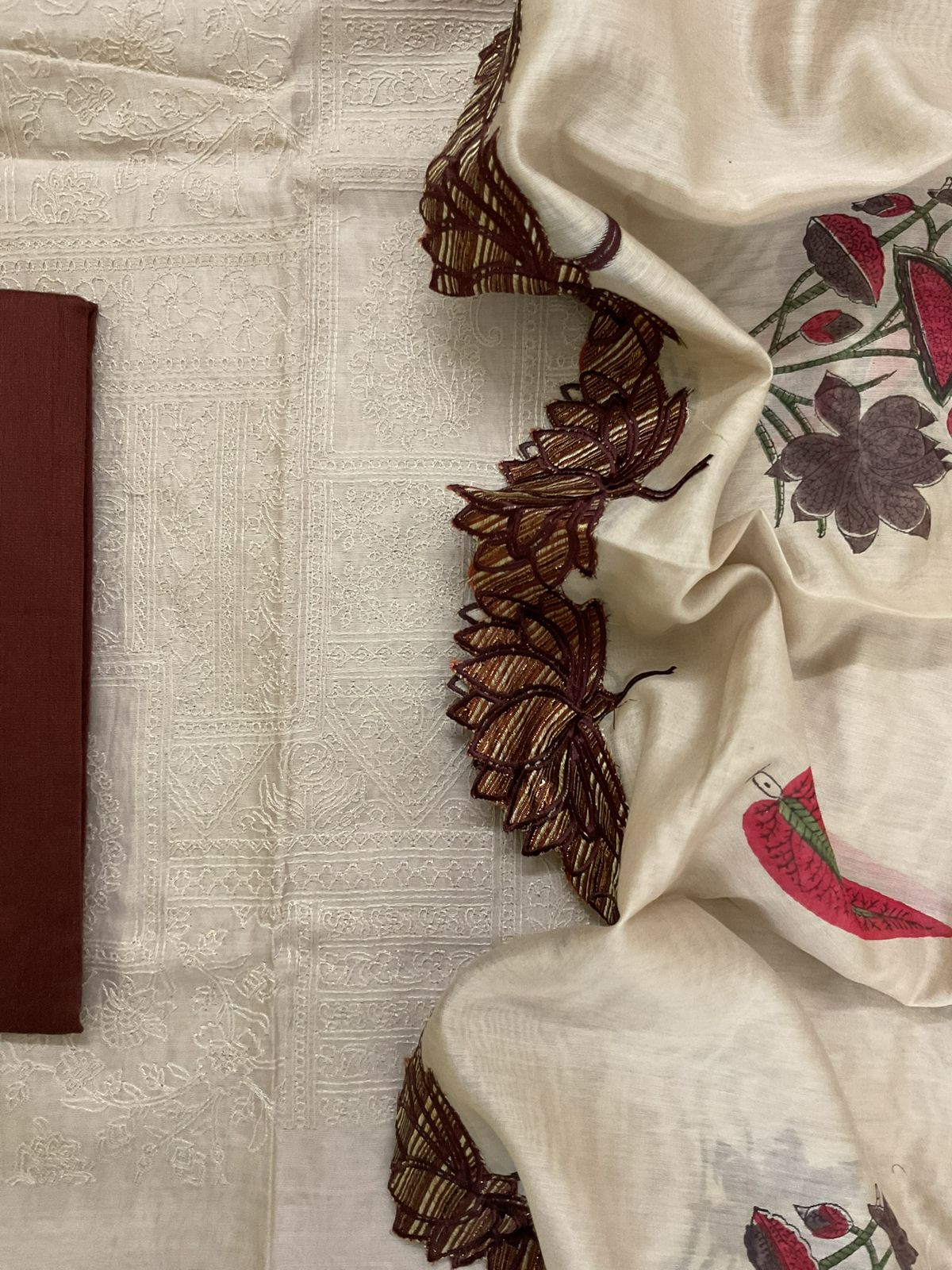 Pure Chanderi Printed Embroidered Suit - Beige