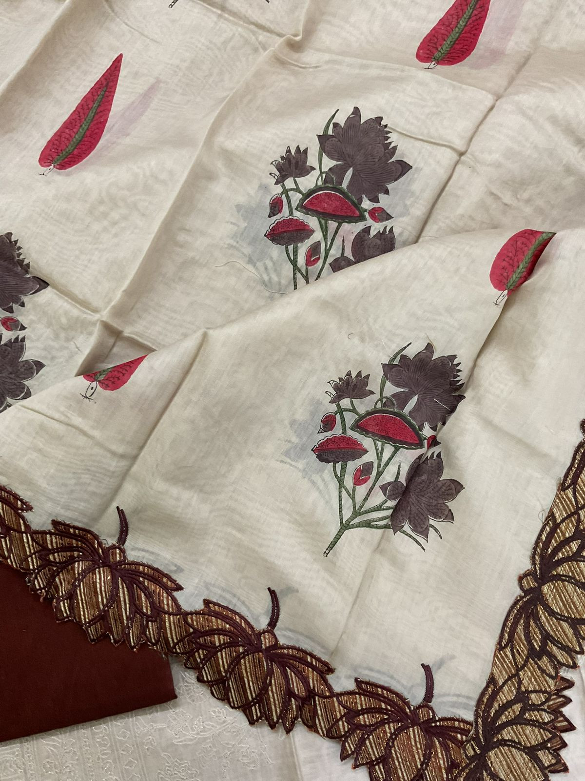 Pure Chanderi Printed Embroidered Suit - Beige