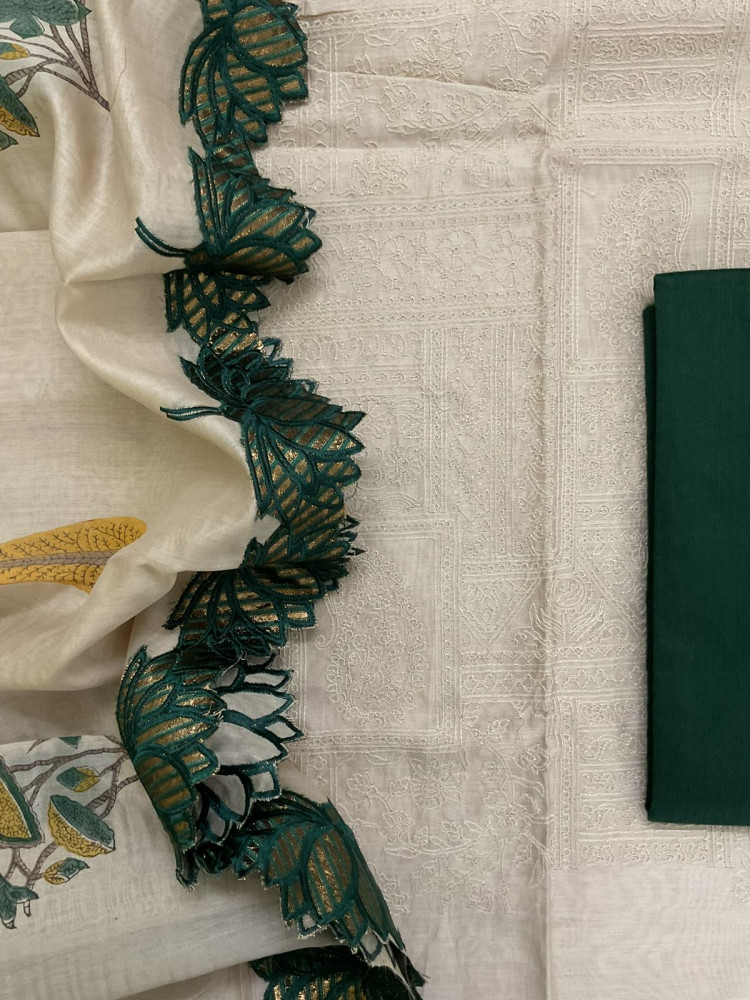 Image of Pure Chanderi Printed Embroidered Suit - Beige