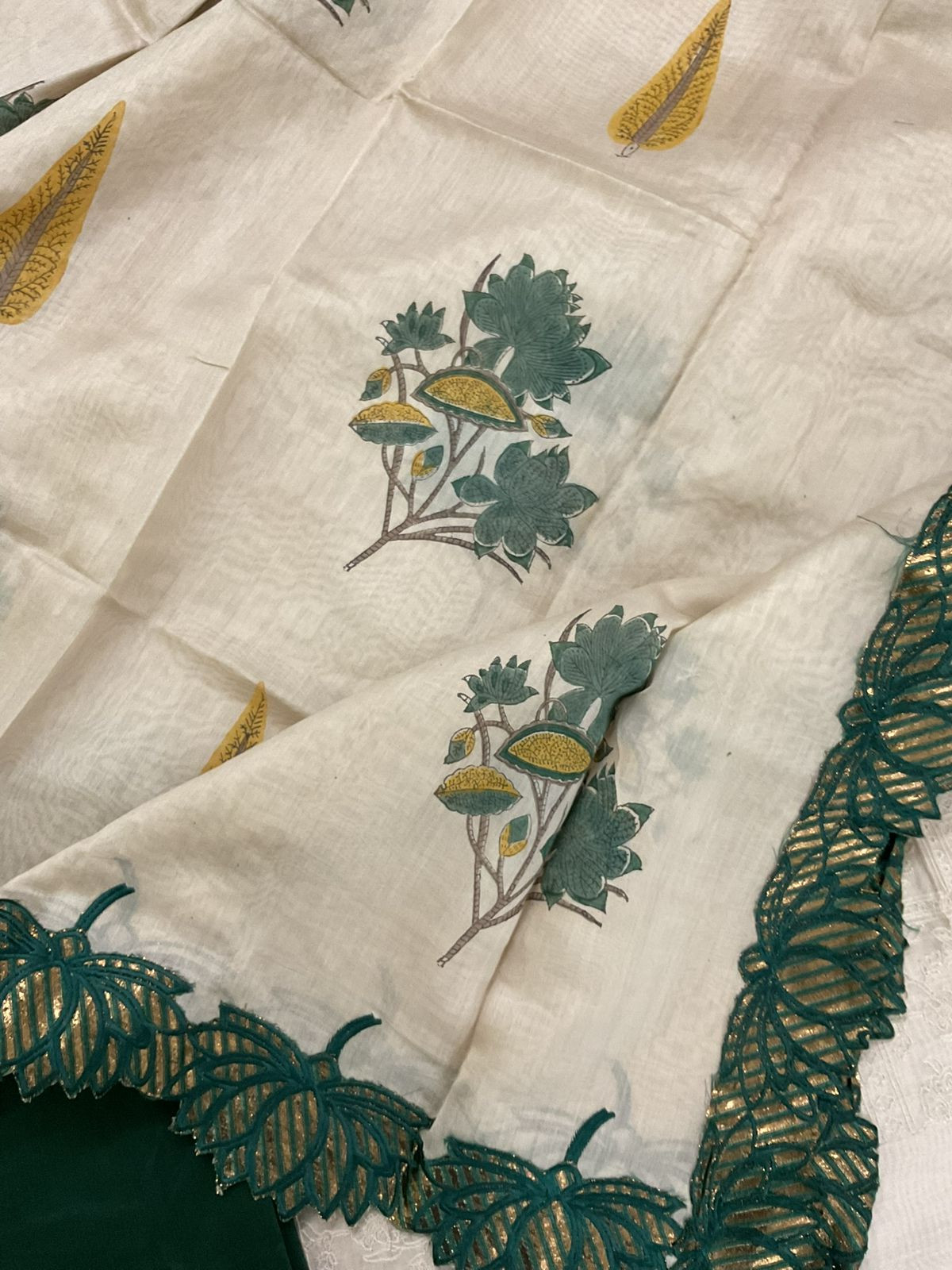 Pure Chanderi Printed Embroidered Suit - Beige