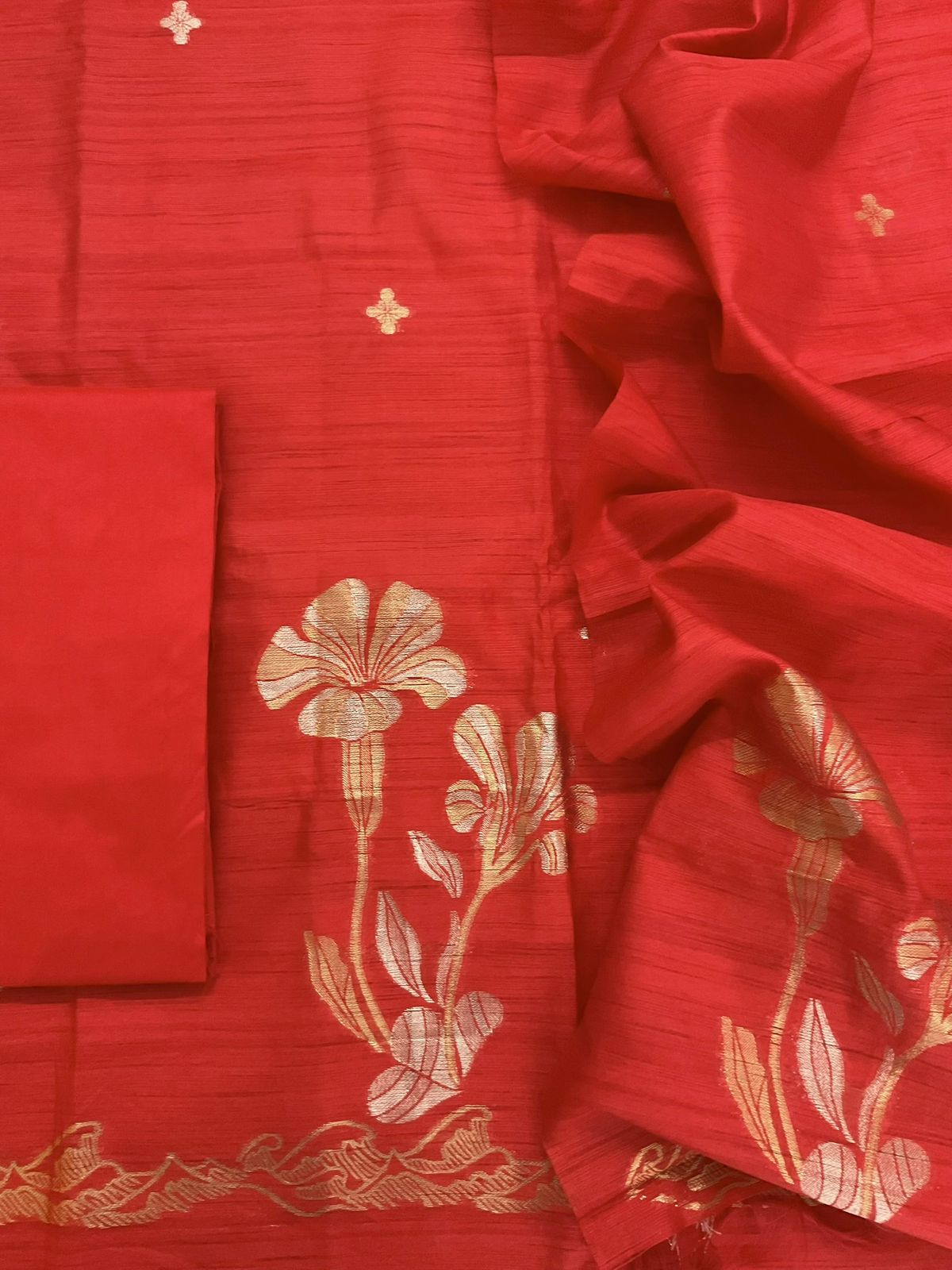 Soft Semi Raw Silk Jamdani Weaved Suit - Orange