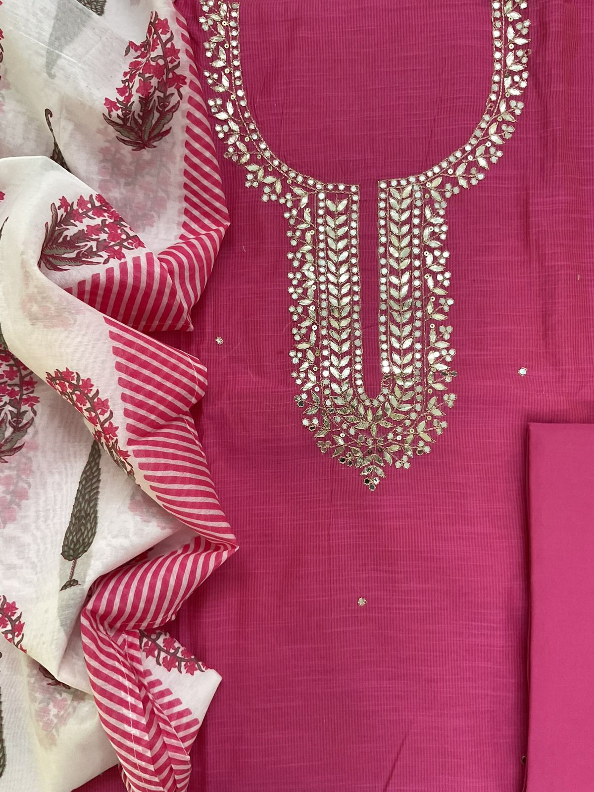 Soft Slub Chanderi Self Weaved Embroidered Suit - Pink