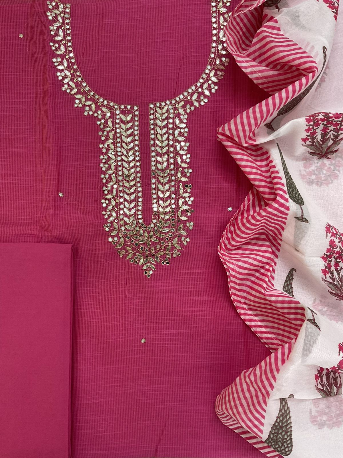Soft Slub Chanderi Self Weaved Embroidered Suit - Pink