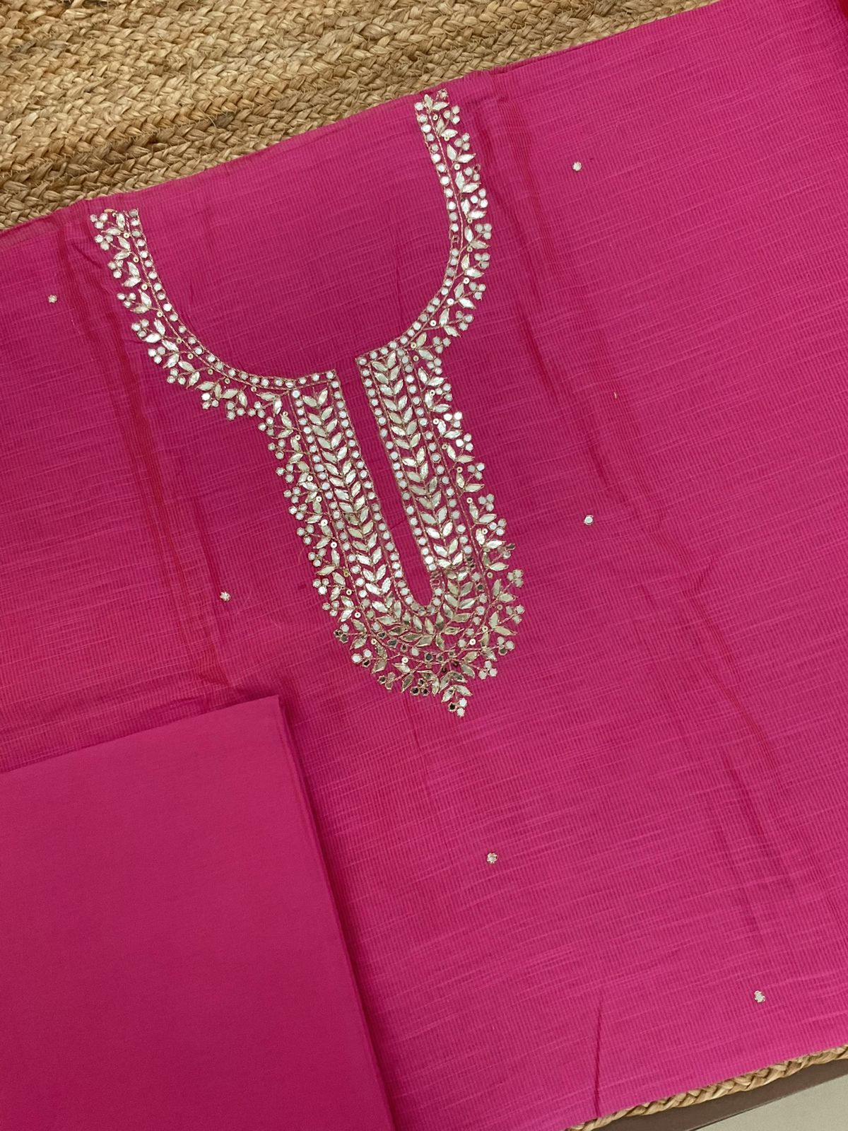 Soft Slub Chanderi Self Weaved Embroidered Suit - Pink