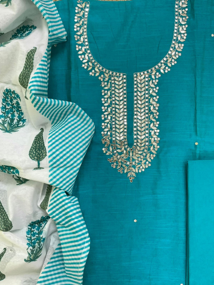 Image of Soft Slub Chanderi Self Weaved Embroidered Suit - Blue