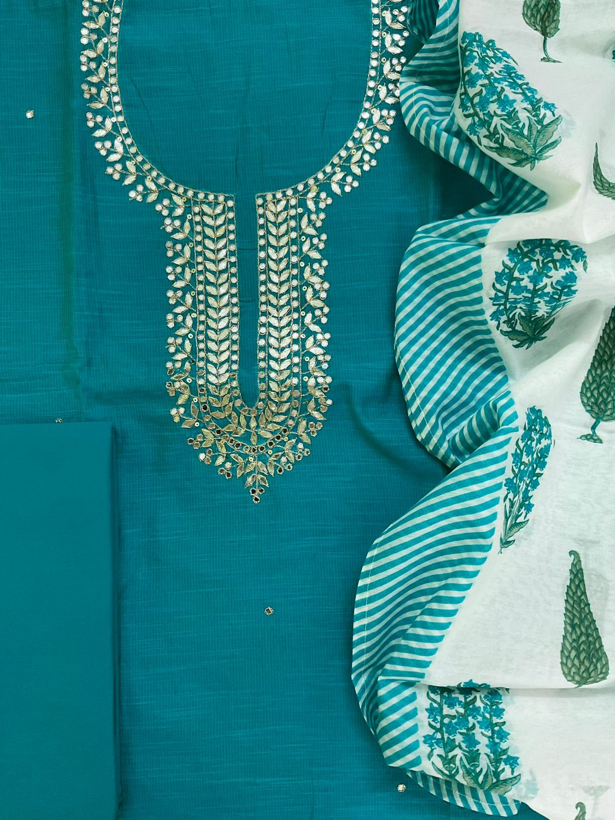 Soft Slub Chanderi Self Weaved Embroidered Suit - Blue