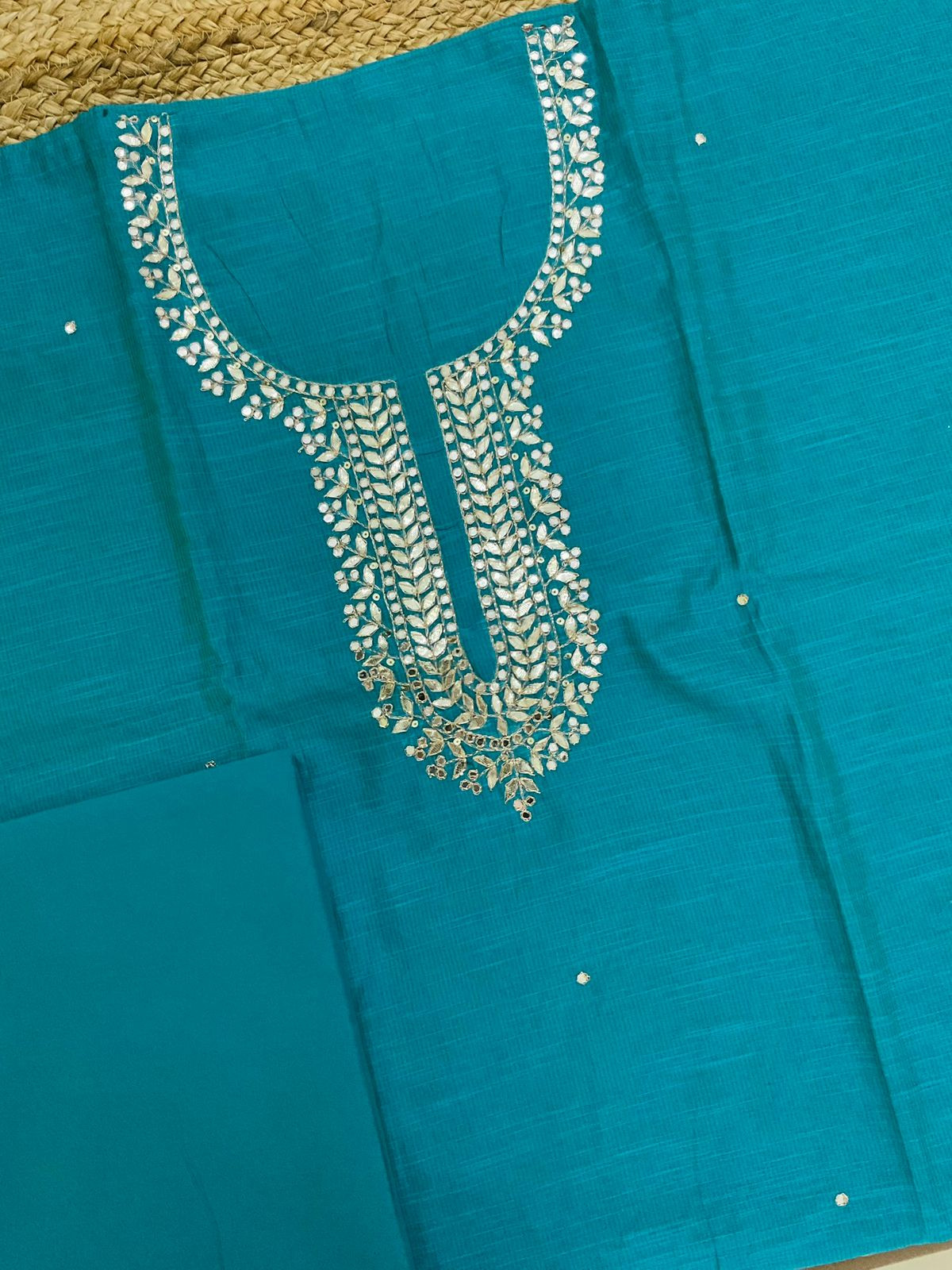 Soft Slub Chanderi Self Weaved Embroidered Suit - Blue