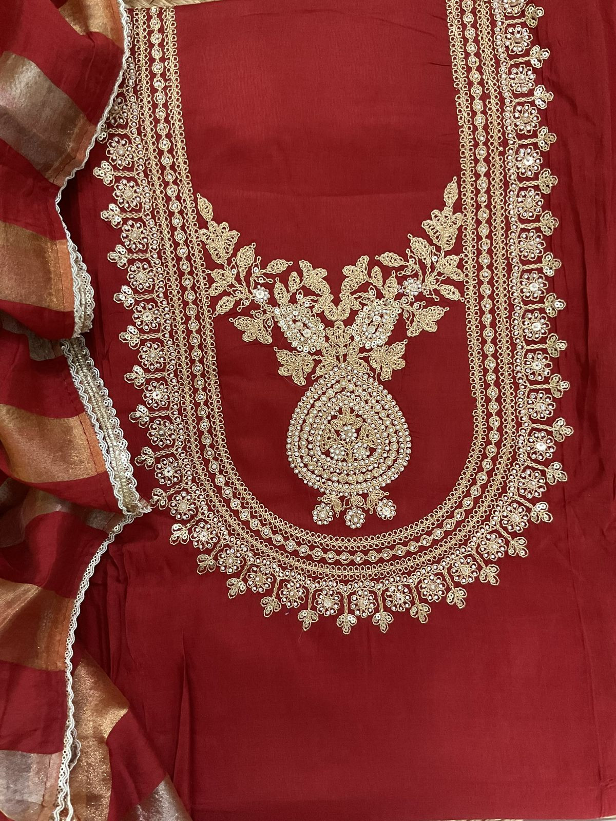 Soft Muslin Embroidered Suit - Dark Brick Red