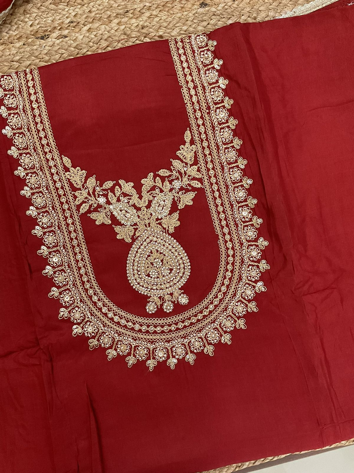 Soft Muslin Embroidered Suit - Dark Brick Red