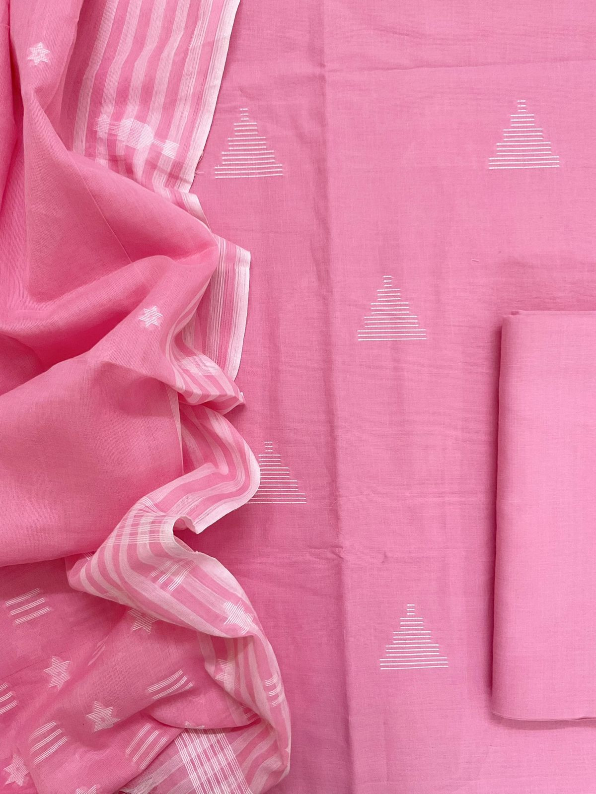 Pure Handloom Cotton Self Weaved Suit - Pink