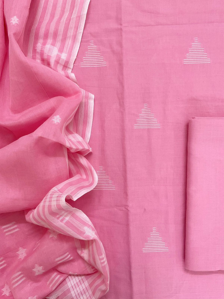 Image of Pure Handloom Cotton Self Weaved Suit - Pink