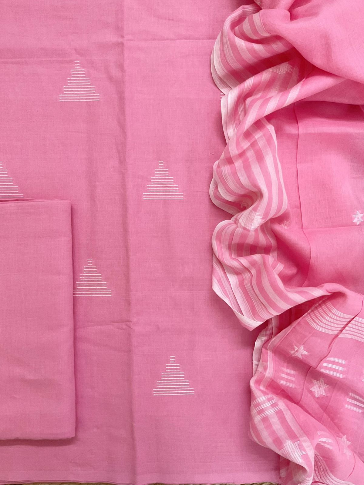 Pure Handloom Cotton Self Weaved Suit - Pink