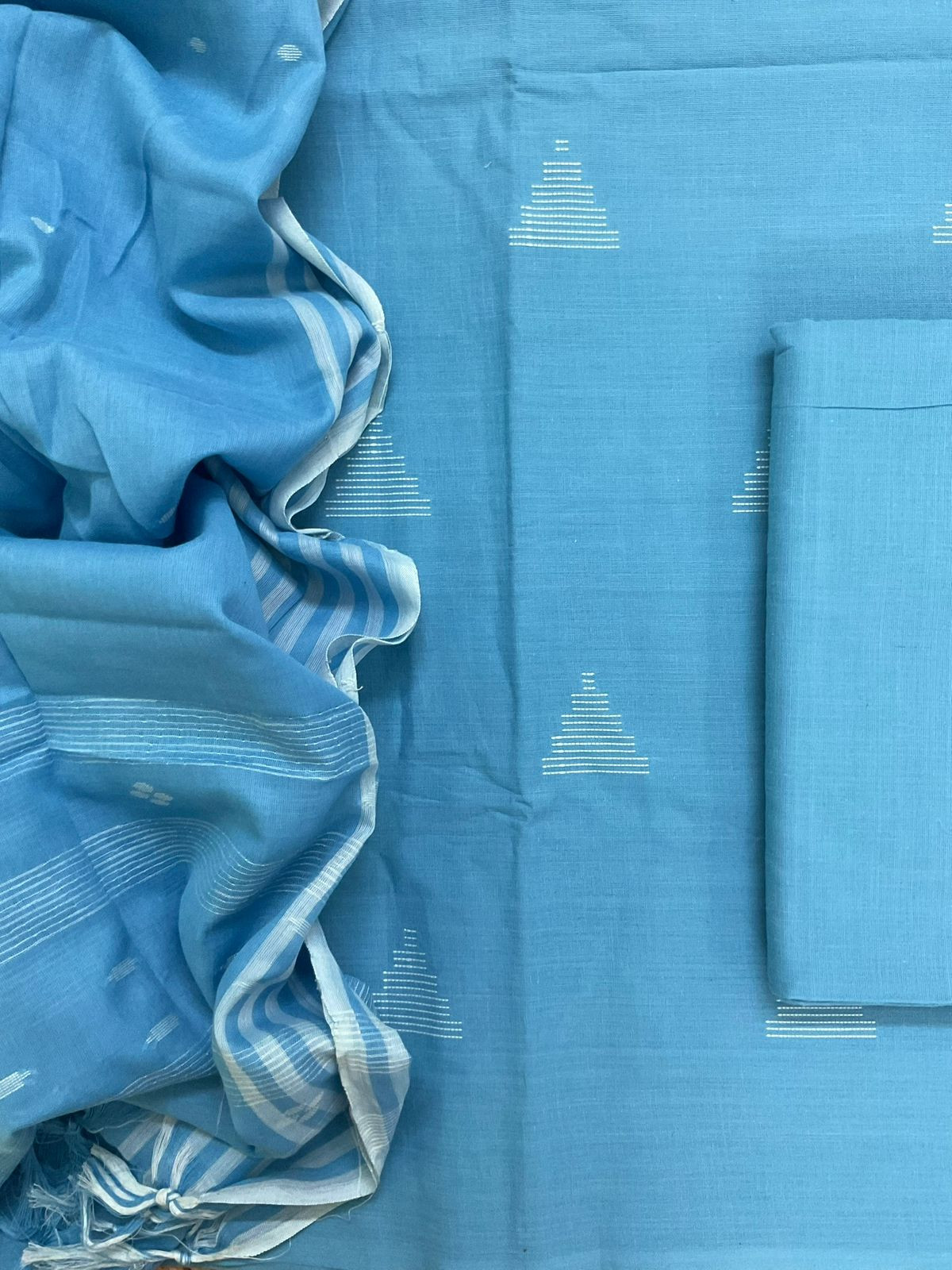 Pure Handloom Cotton Self Weaved Suit - Blue