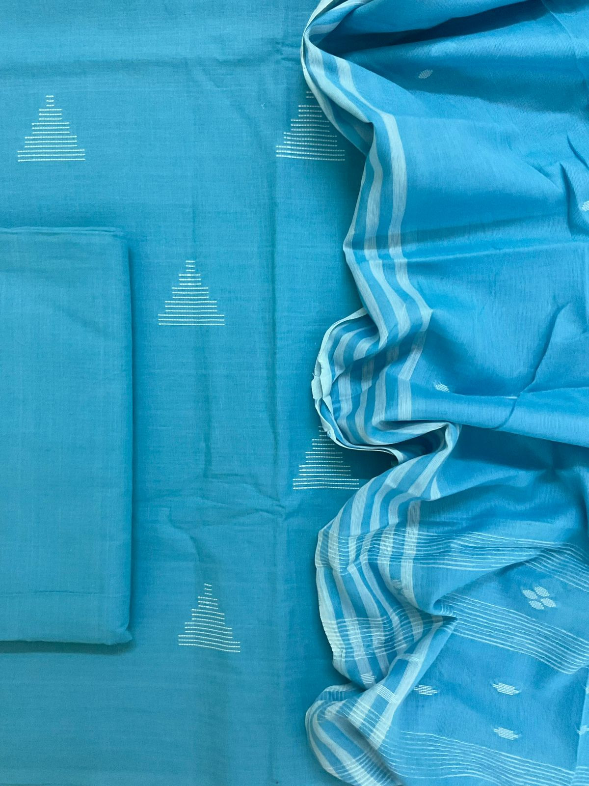Pure Handloom Cotton Self Weaved Suit - Blue