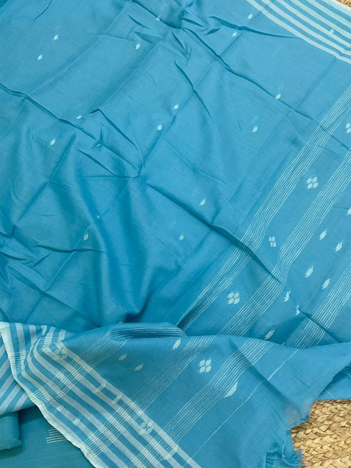 Pure Handloom Cotton Self Weaved Suit - Blue