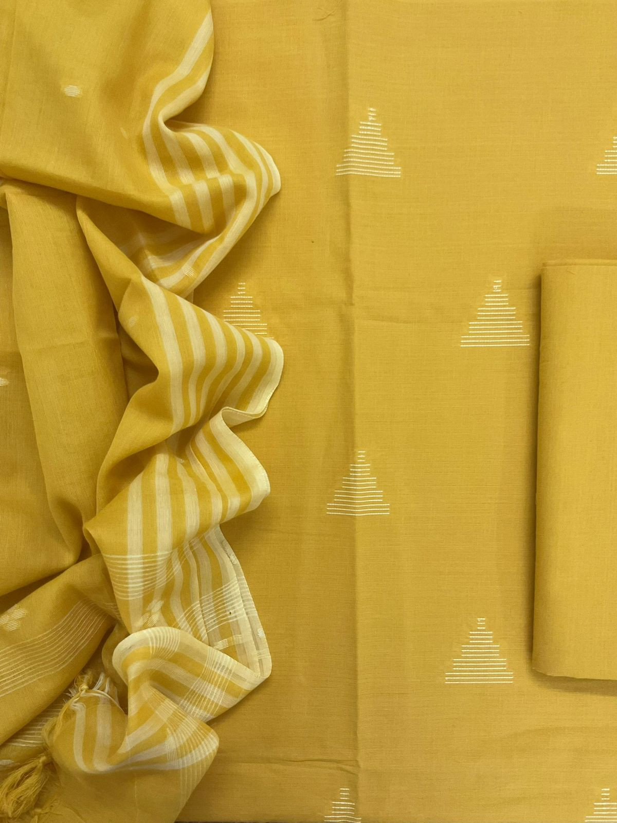 Pure Handloom Cotton Self Weaved Suit - Yellow