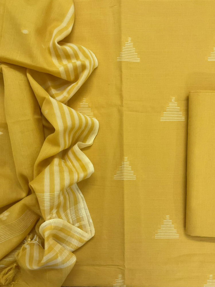 Image of Pure Handloom Cotton Self Weaved Suit - Yellow