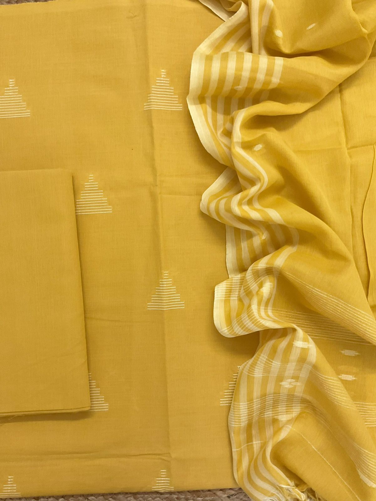 Pure Handloom Cotton Self Weaved Suit - Yellow
