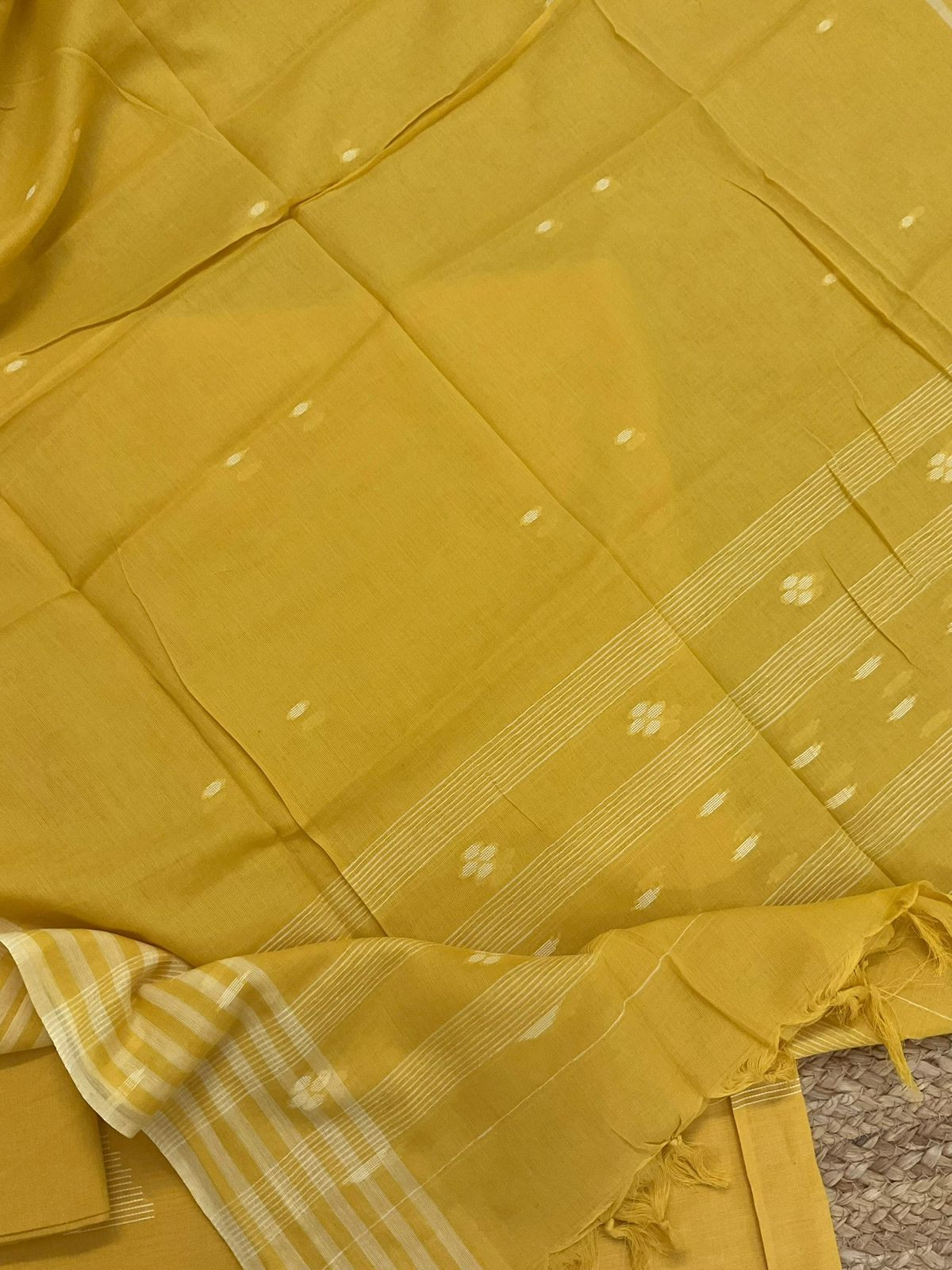 Pure Handloom Cotton Self Weaved Suit - Yellow