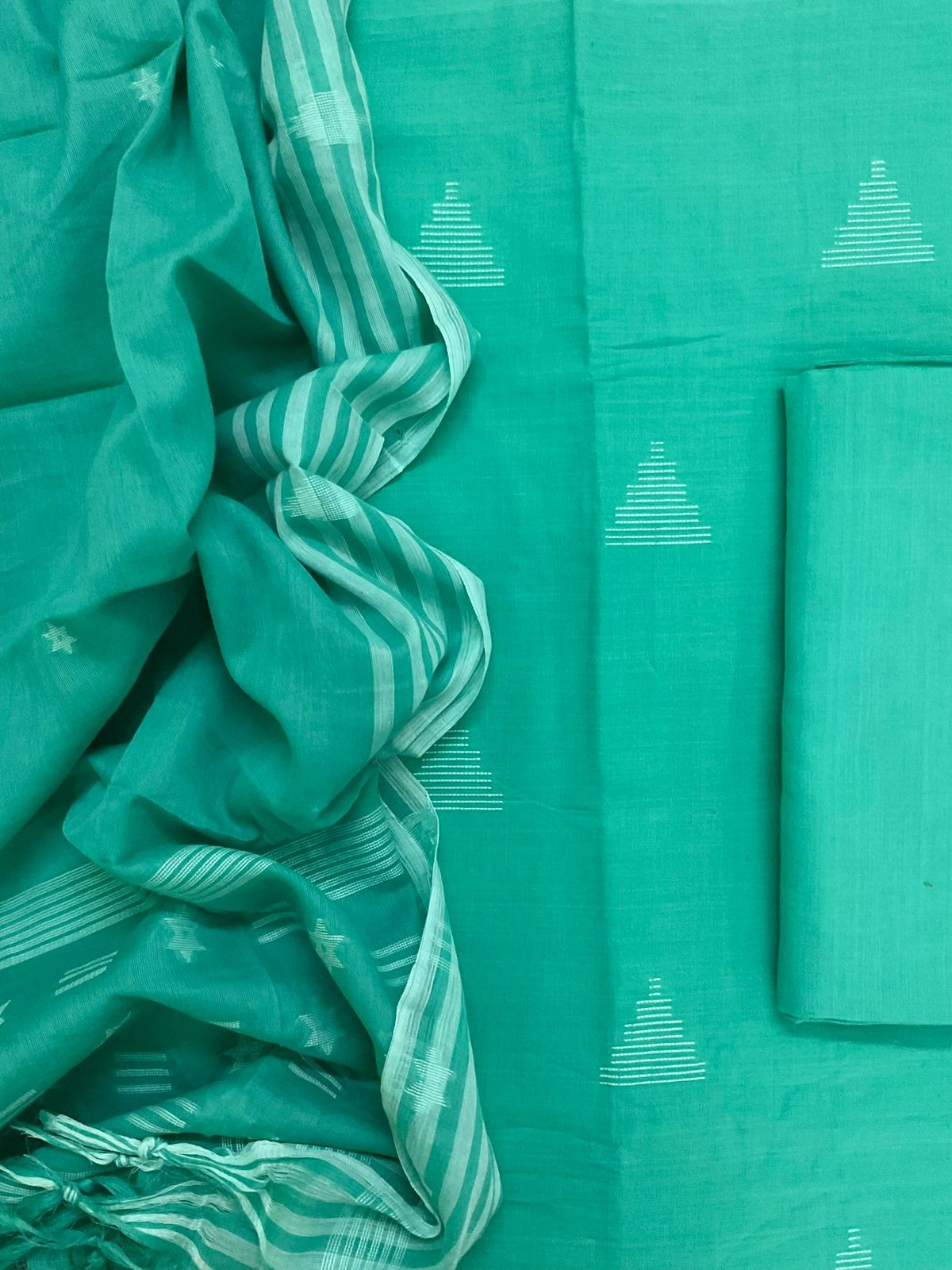 Pure Handloom Cotton Self Weaved Suit - Green