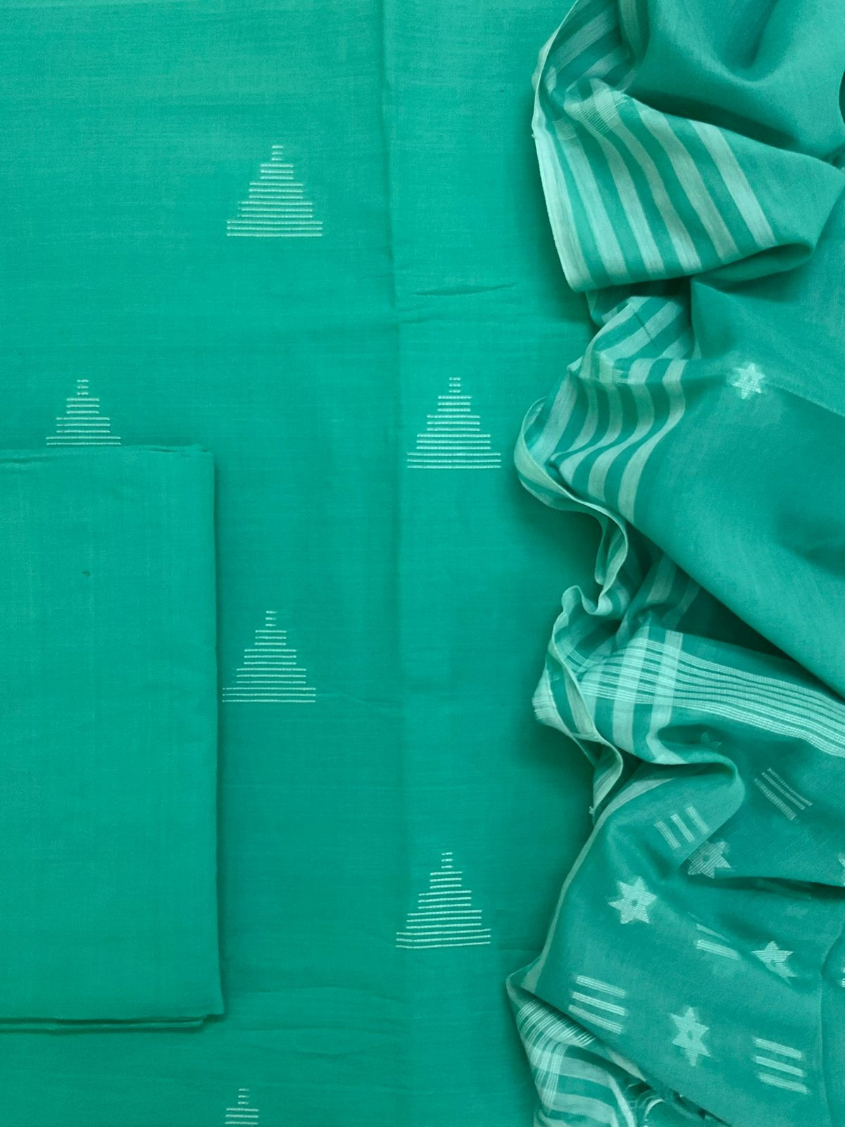 Pure Handloom Cotton Self Weaved Suit - Green