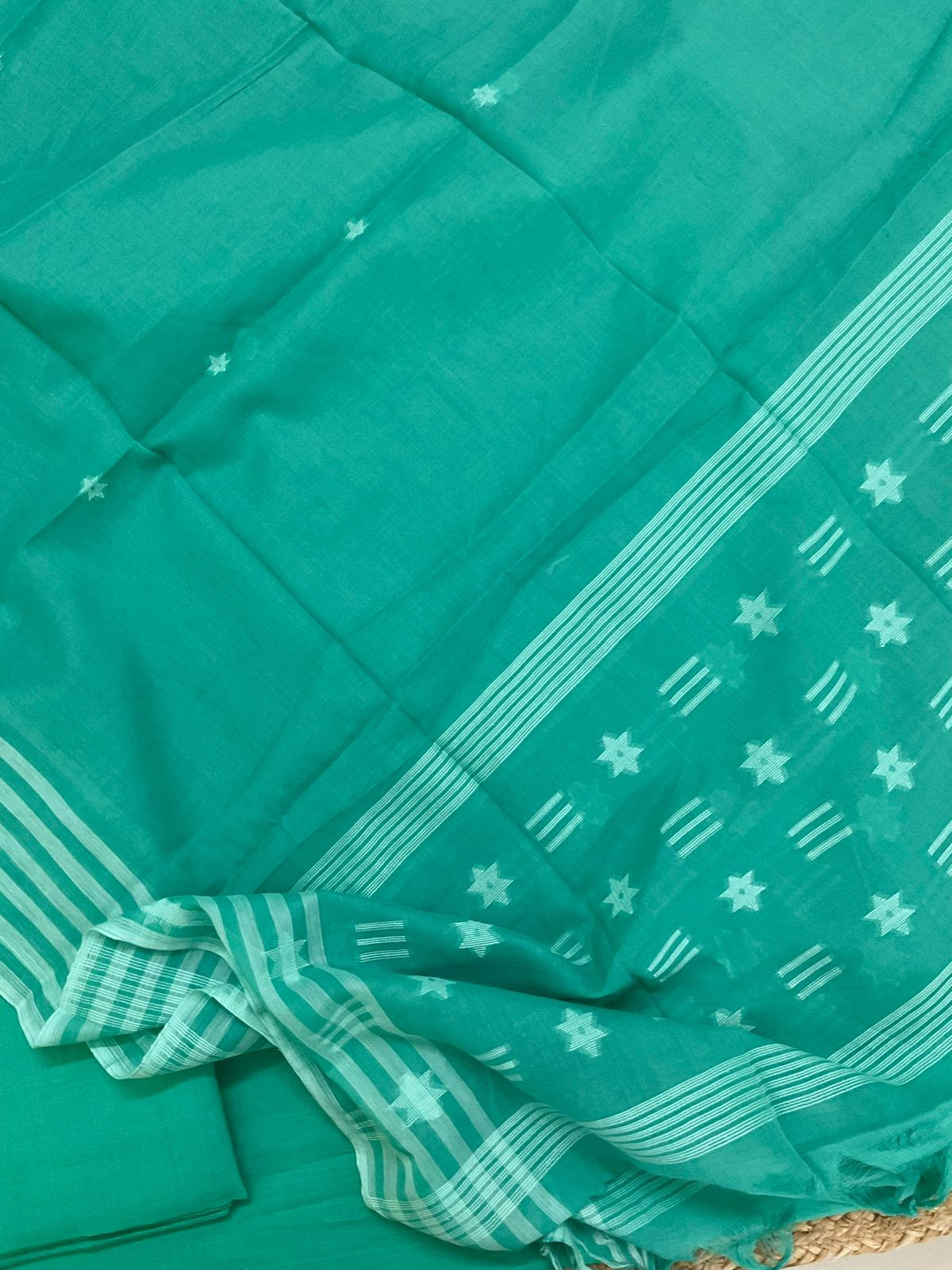 Pure Handloom Cotton Self Weaved Suit - Green
